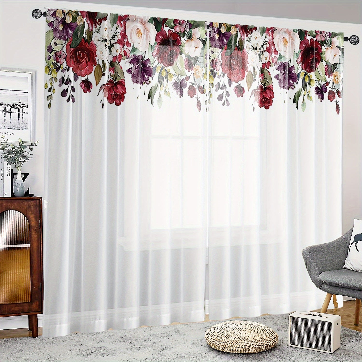 2pcs Rose Print Semi-sheer Curtains, Rod Pocket Decorative Window Drapes, Window Treatments For Bedroom Living Room, Home Decoration, Room Decoration